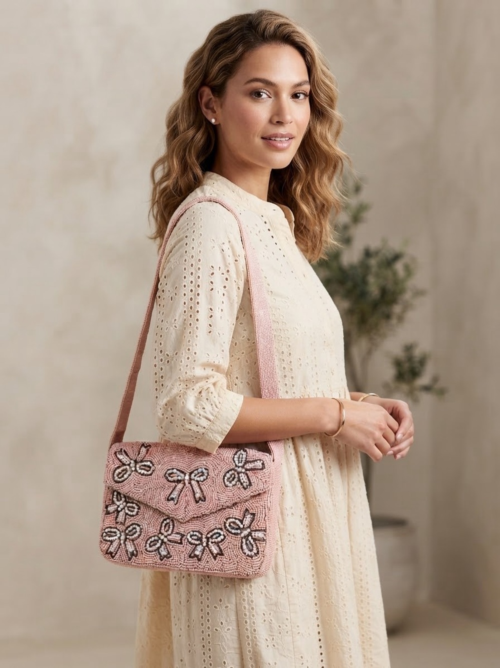 LC Lauren Conrad Pink Beaded Bow Shoulder Bag